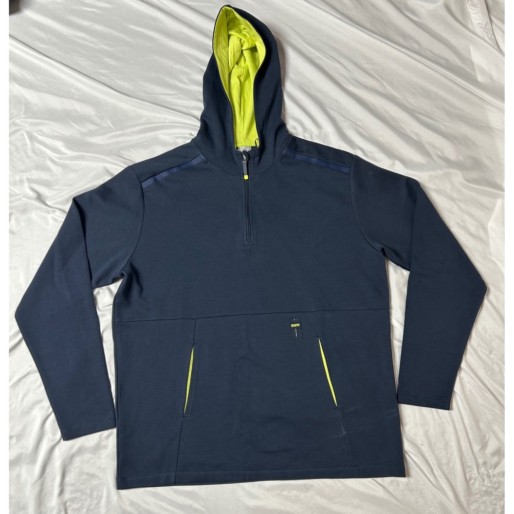 BMW Mens XL Quarter Zip Hooded Sweatshirt Navy Blue Neon Lime Green Pullover